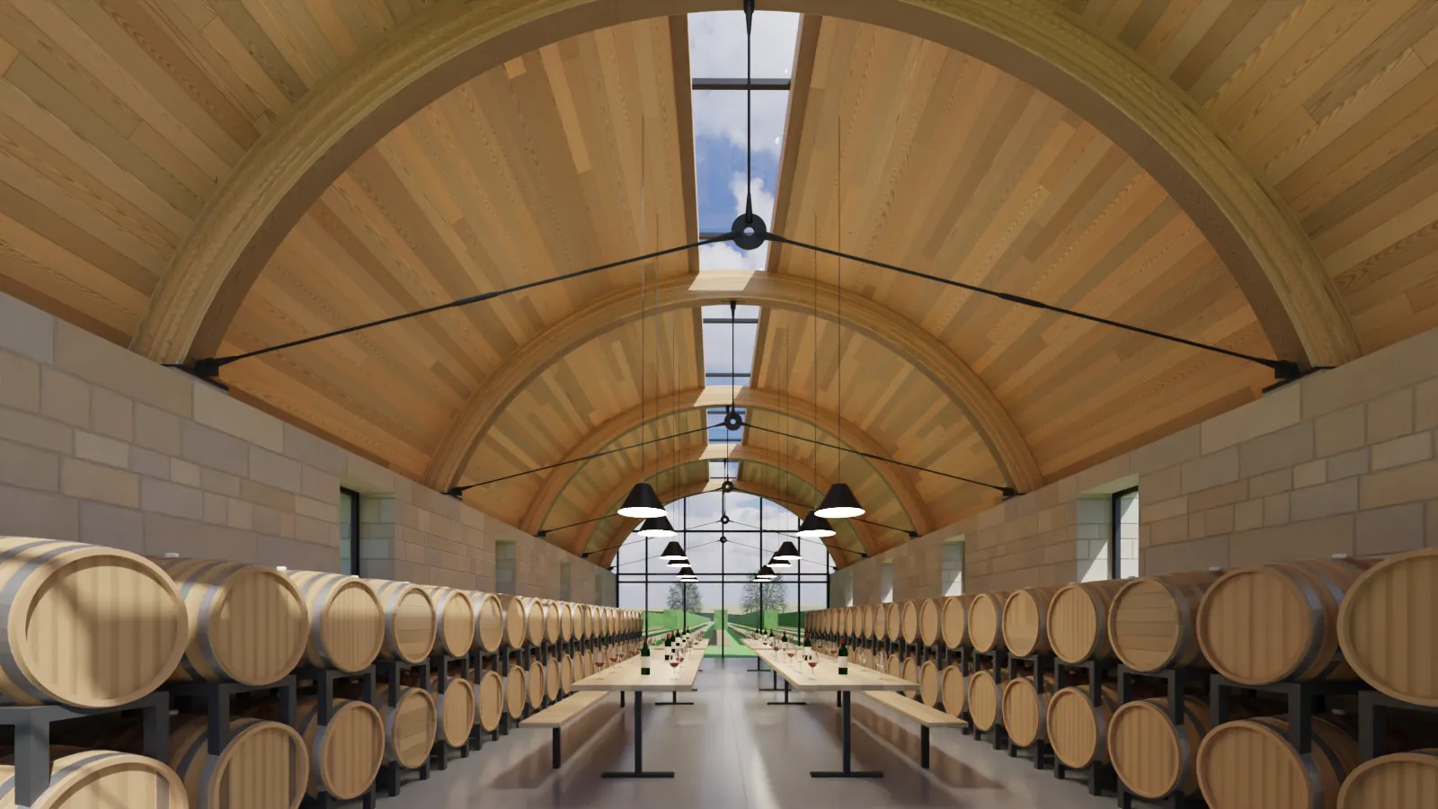 A winery barrel room under glulam arches, each tied by black tension rods pitched up to a center plate and hung from the crown, with tables set for a tasting (rendering)